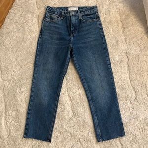 Topshop Medium Wash Straight Leg Raw Hem Jeans